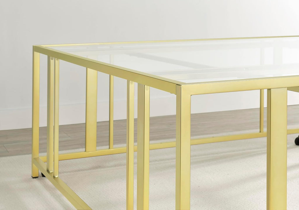 Coaster Home Furnishings - Adri - Square Glass Top Coffee Table with Geometric Base and Mobile with Rolling Casters - Contemporary - Living Room - Matte Brass - 710188