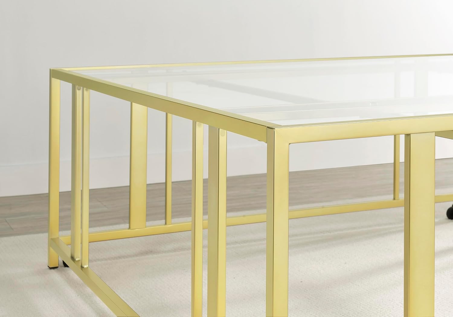 Coaster Home Furnishings - Adri - Square Glass Top Coffee Table with Geometric Base and Mobile with Rolling Casters - Contemporary - Living Room - Matte Brass - 710188