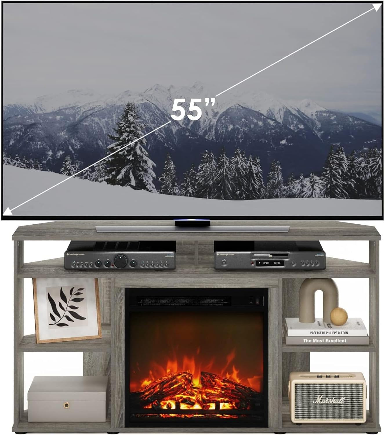 HomeStock Electric Fireplace TV Stand - Corner Entertainment Center for TVs up to 55 Inch French Oak Grey/Corner with Top Shelf