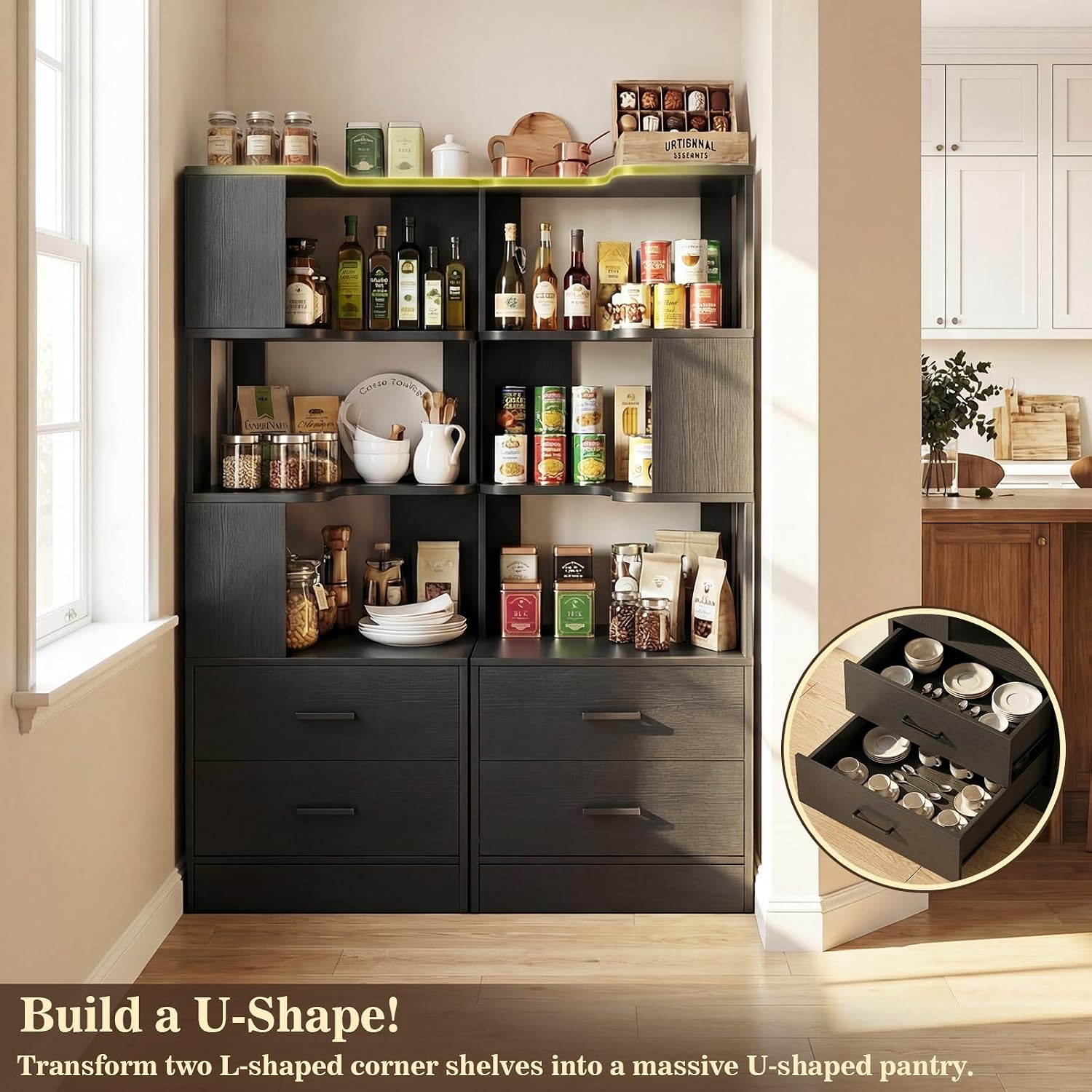 Armocity Corner Bookshelf with Drawers, 6 Tier Corner Book Shelf Display Bookcase, Freestanding L Shaped Bookshelf for Bedroom, Living Room, Home Office, Black