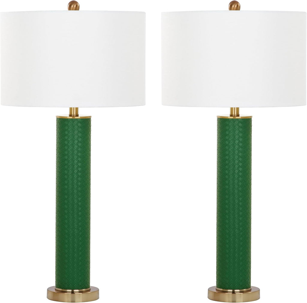 SAFAVIEH Lighting Collection – Set of 2 Ollie Modern Contemporary Dark Green Faux Woven Leather 32-Inch Table Lamps, LED Bulbs Included, Bedroom Living Room Home Office (LIT4404K-SET2)