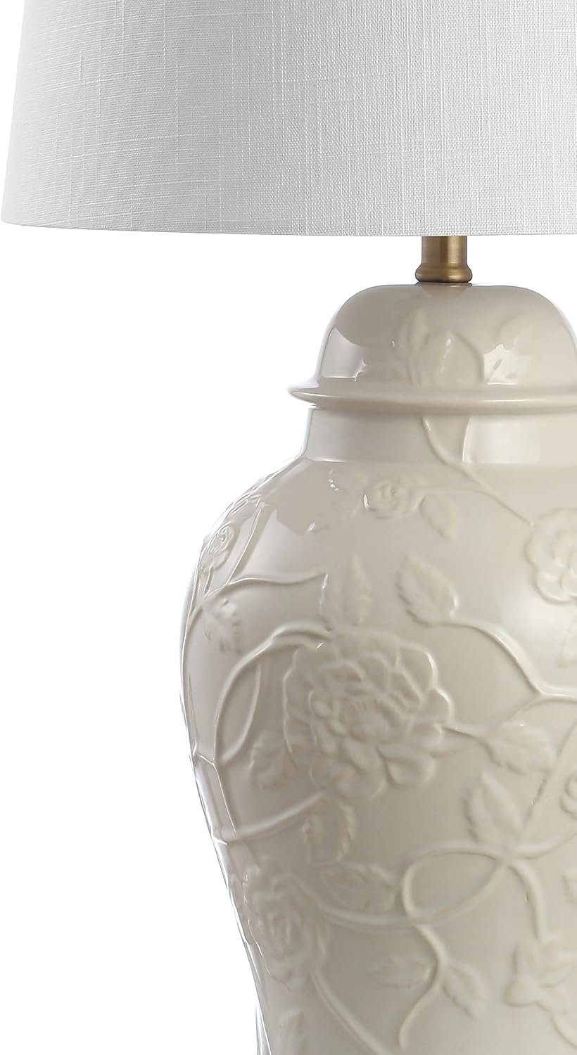 JONATHAN Y 29.5' Cream Ceramic Chinoiserie Table Lamp, Traditional Ginger Jar Lamp for Living Room Bedroom, White Linen Empire Shade, Brass Gold Base, LED Bulb Included JYL6604A