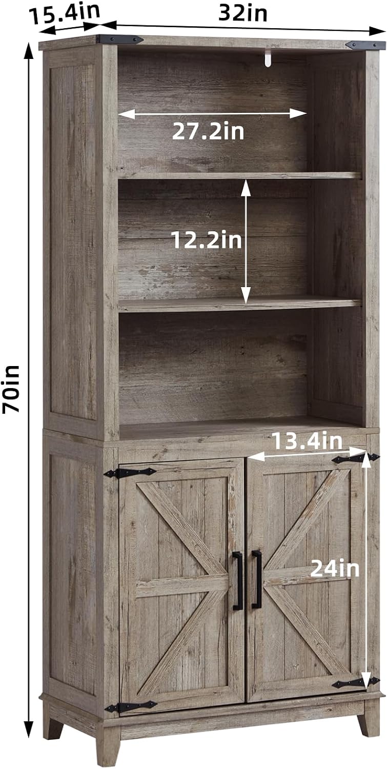 Joaxswe 70in Tall Bookshelf 5 Tier Bookcase with Barn Doors and Adjustable Shelves, Grey Farmhouse Book Shelf with Storage Cabinet, Wood Freestanding Display Bookshelves for Bedroom, Kitchen (2 PCS)