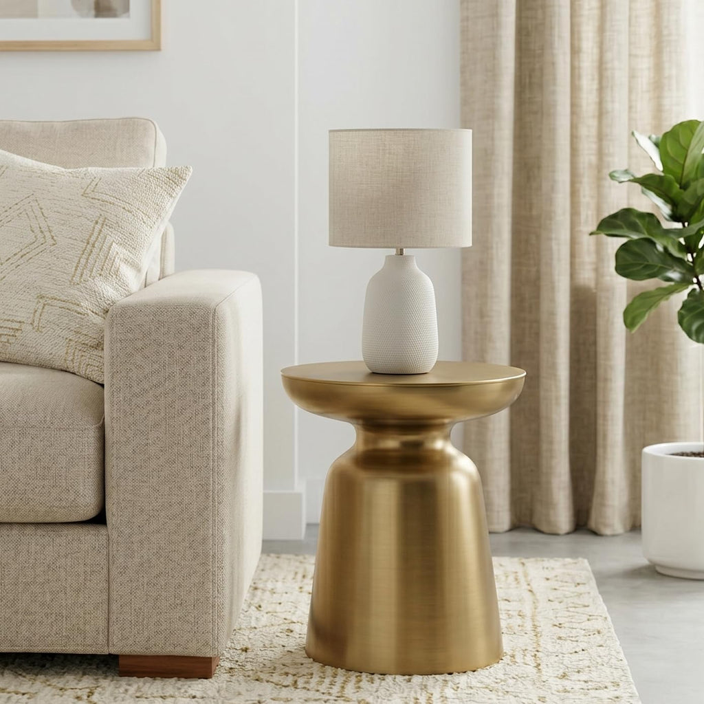 SIMPLIHOME Toby Metal Table - 17' Wide x 18' High Solid Iron Drum Accent Table in Gold, Industrial Side or End Table for Living Room, Bedroom or Entryway with Sculptural Design, Assembled