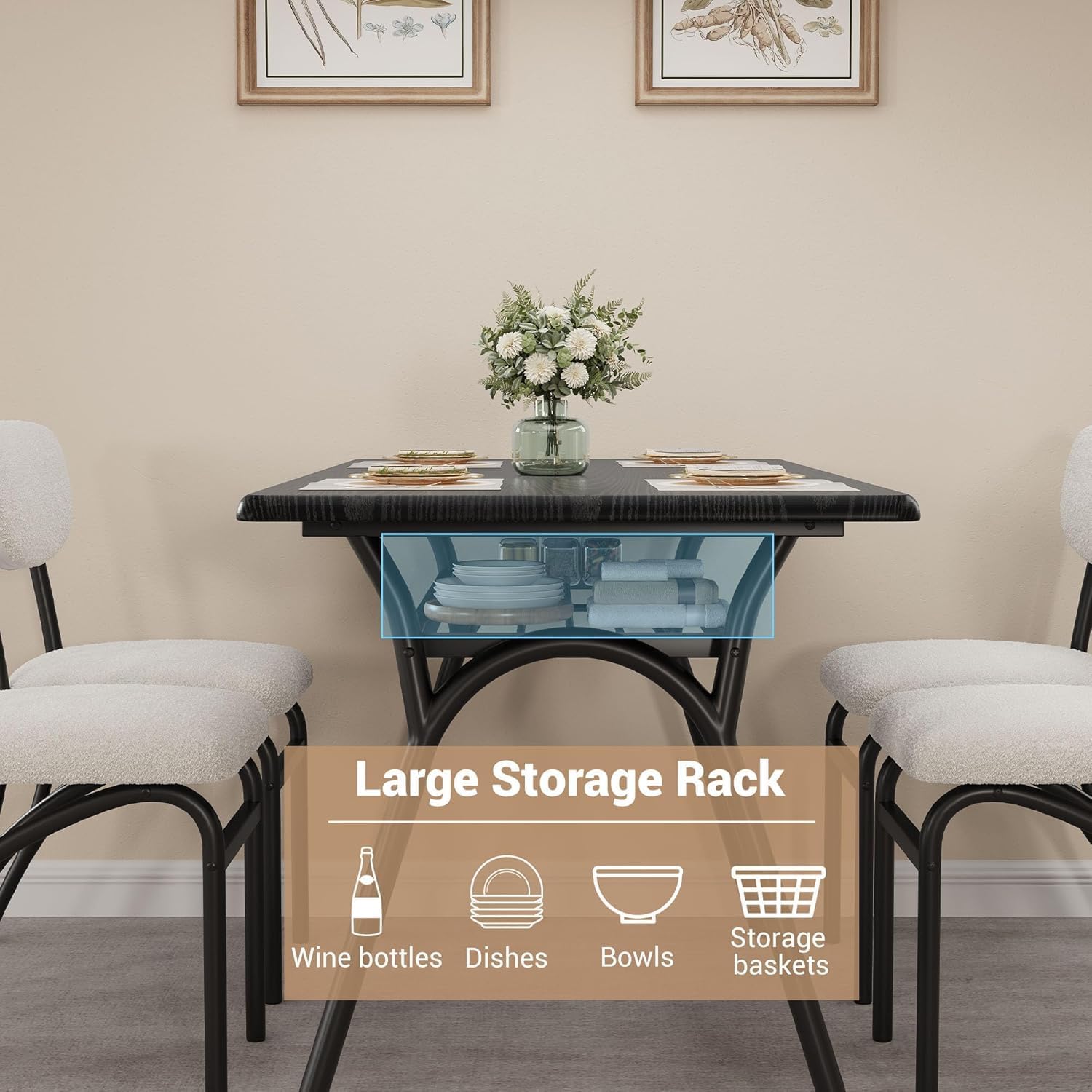 5-Piece Dining Table Set for 4, Modern Kitchen Table with 4 Boucle Chairs, Rectangular Dining Table with Storage Shelf & Marble Tabletop, Beige Home Dining Furniture for Small Space, Black+Black
