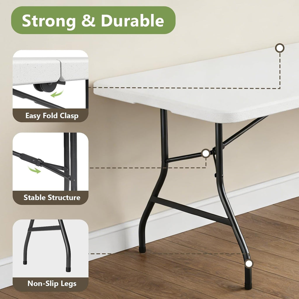8FT Folding Table, Heavy Duty Plastic Fold-in-Half Utility Table with Handle, Portable Camping Picnic Table with Steel Legs for Indoor Outdoor Party, Dining, White