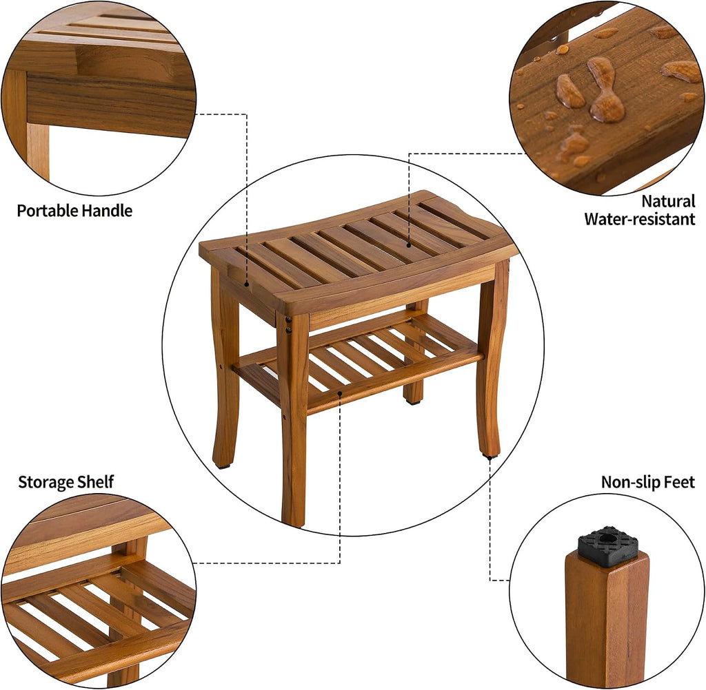 VaeFae Teak Shower Bench, Spa Bath Shower Stool with Storage Shelf, Wooden Seat Stool for Bathroom