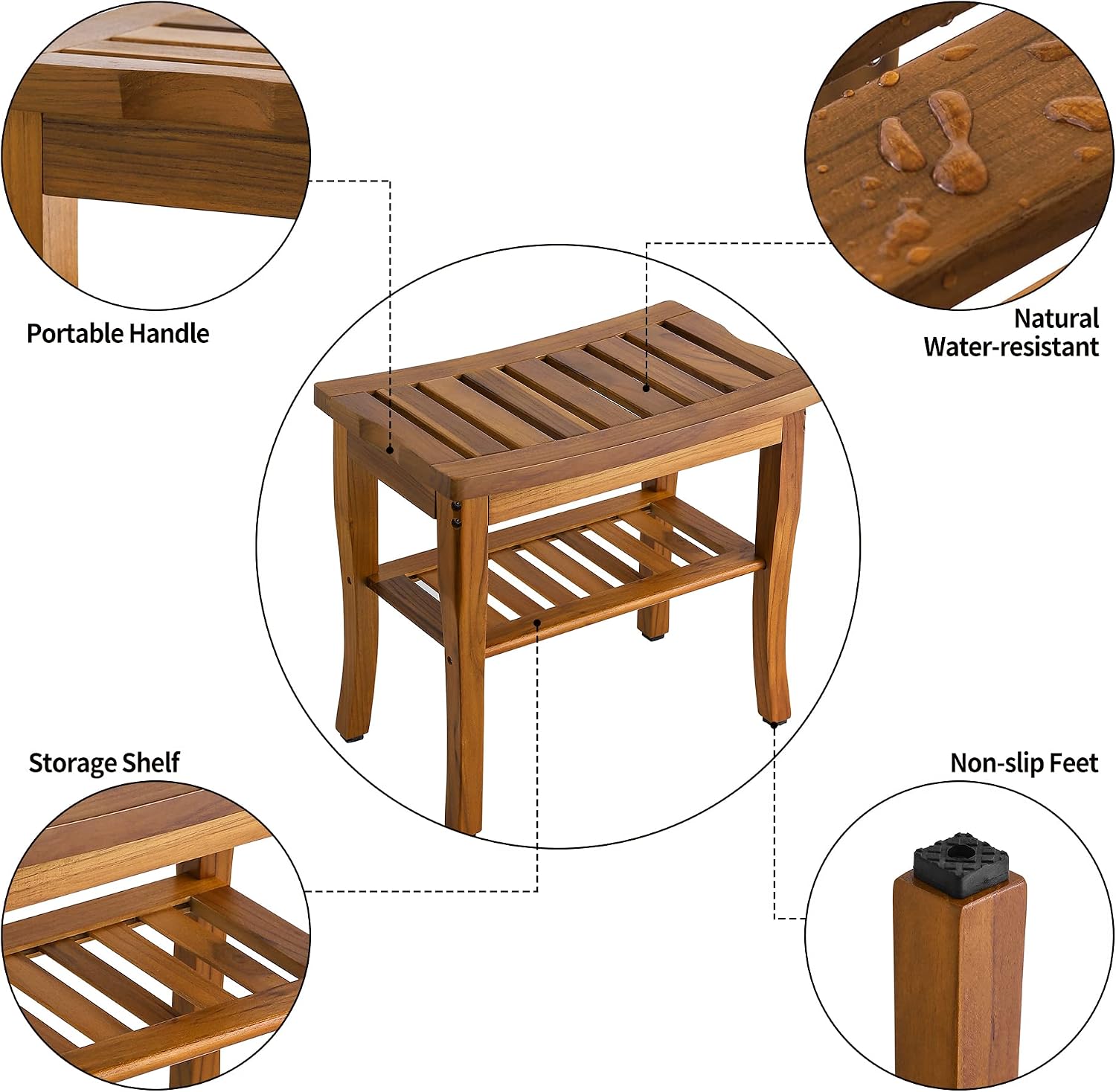 VaeFae Teak Shower Bench, Spa Bath Shower Stool with Storage Shelf, Wooden Seat Stool for Bathroom