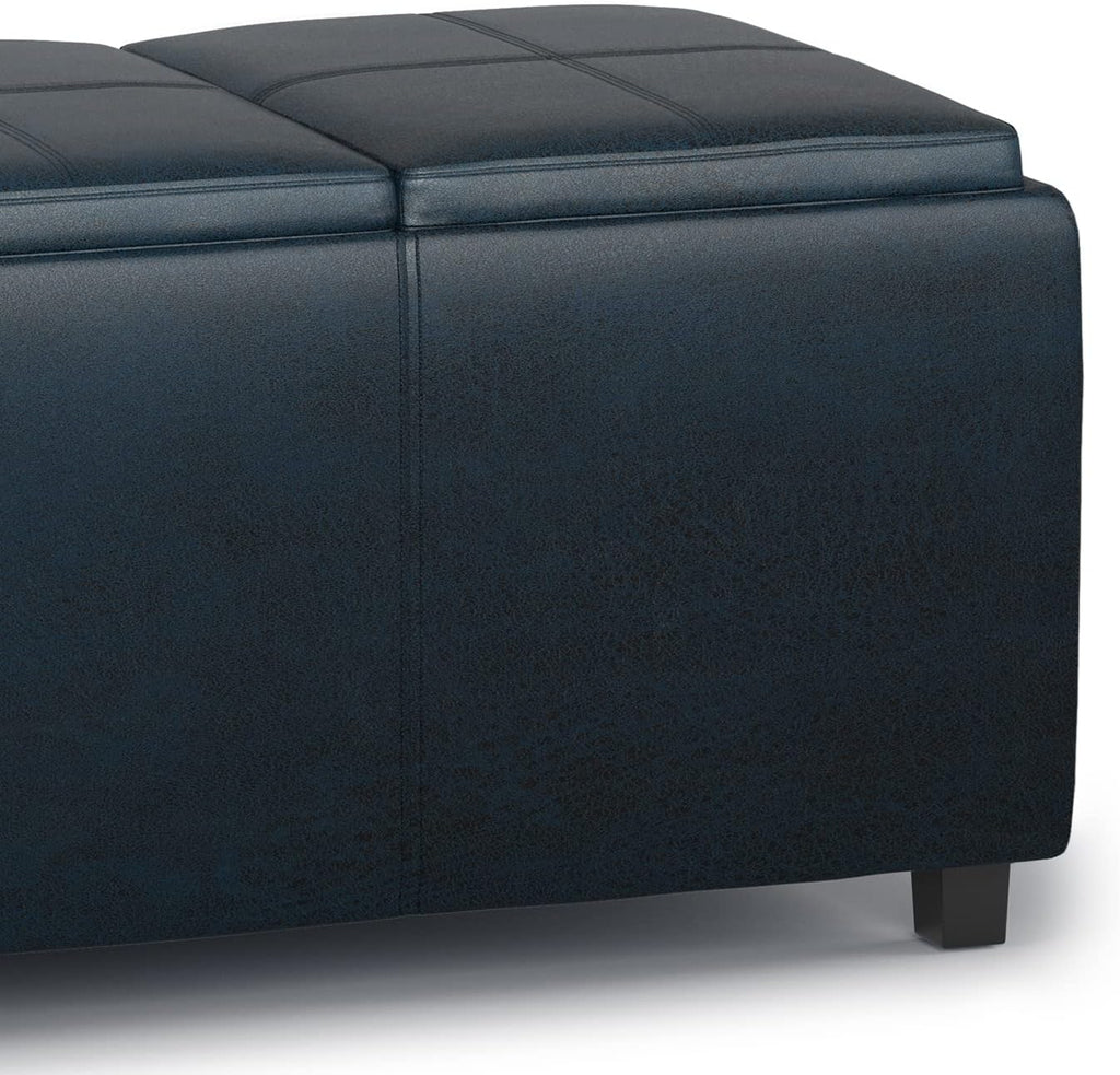 SIMPLIHOME Avalon Storage Ottoman - 42 inch Wide Upholstered Vegan Leather Rectangular Flip-Top Ottoman in Distressed Dark Blue, Contemporary Coffee Table Ottoman for Living Room with Hidden Storage