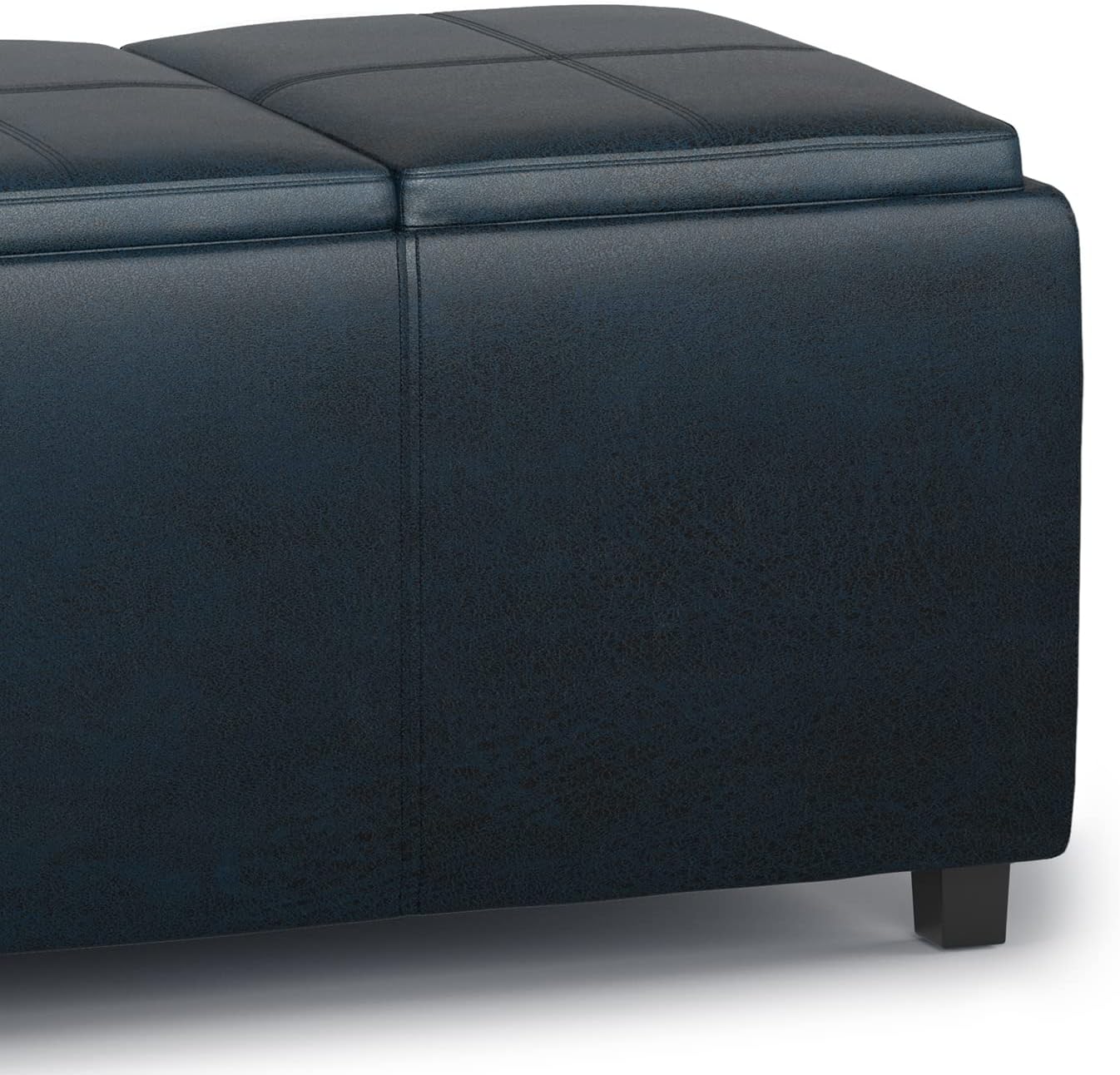 SIMPLIHOME Avalon Storage Ottoman - 42 inch Wide Upholstered Vegan Leather Rectangular Flip-Top Ottoman in Distressed Dark Blue, Contemporary Coffee Table Ottoman for Living Room with Hidden Storage