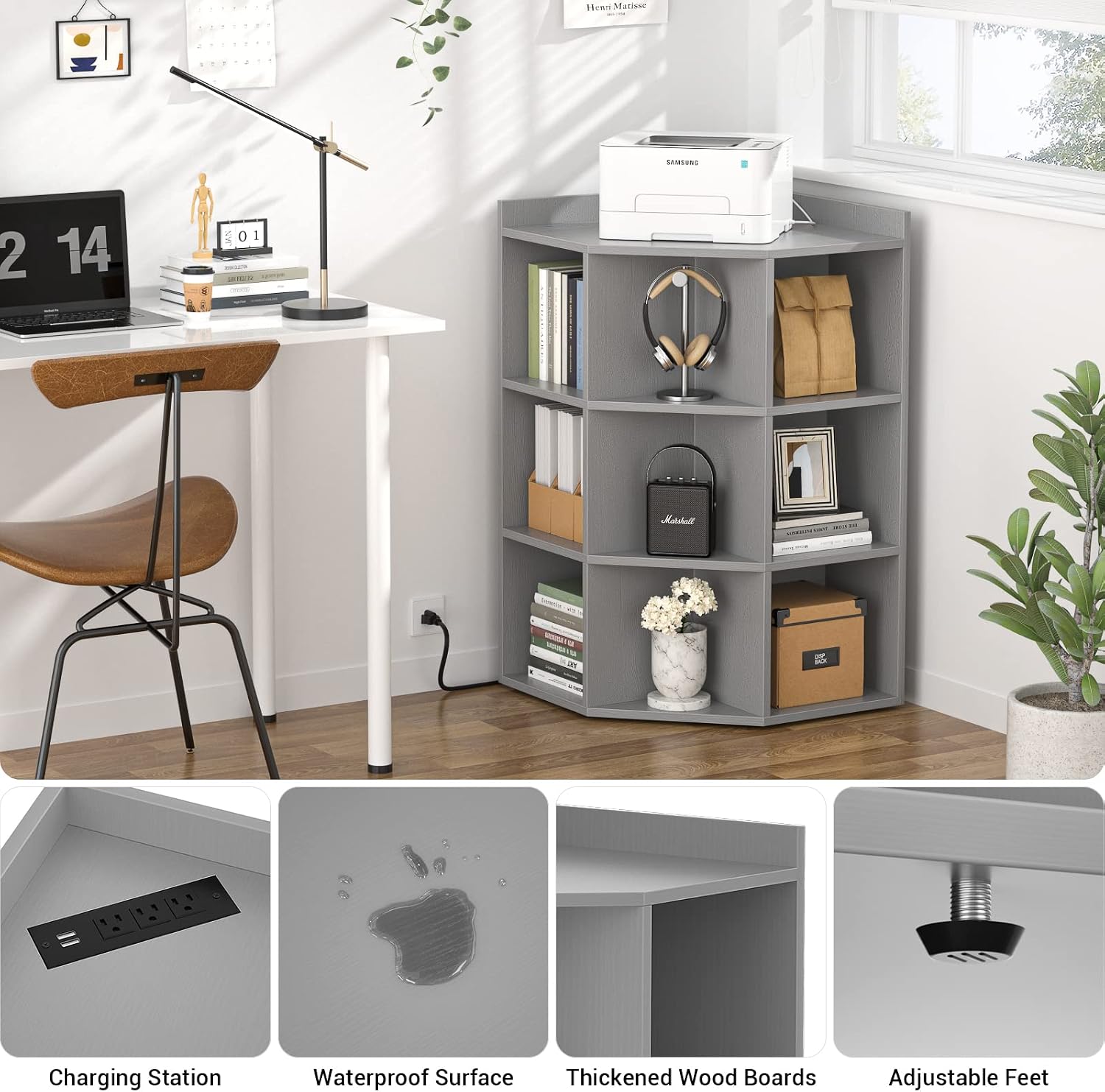 Aheaplus Corner Cabinet, Corner Storage with USB Ports and Outlets, Corners Cube Toy Storage for Small Space, Wooden Corners Cubby Bookshelf with 9 Cubes for Playroom, Bedroom, Living Room, Grey