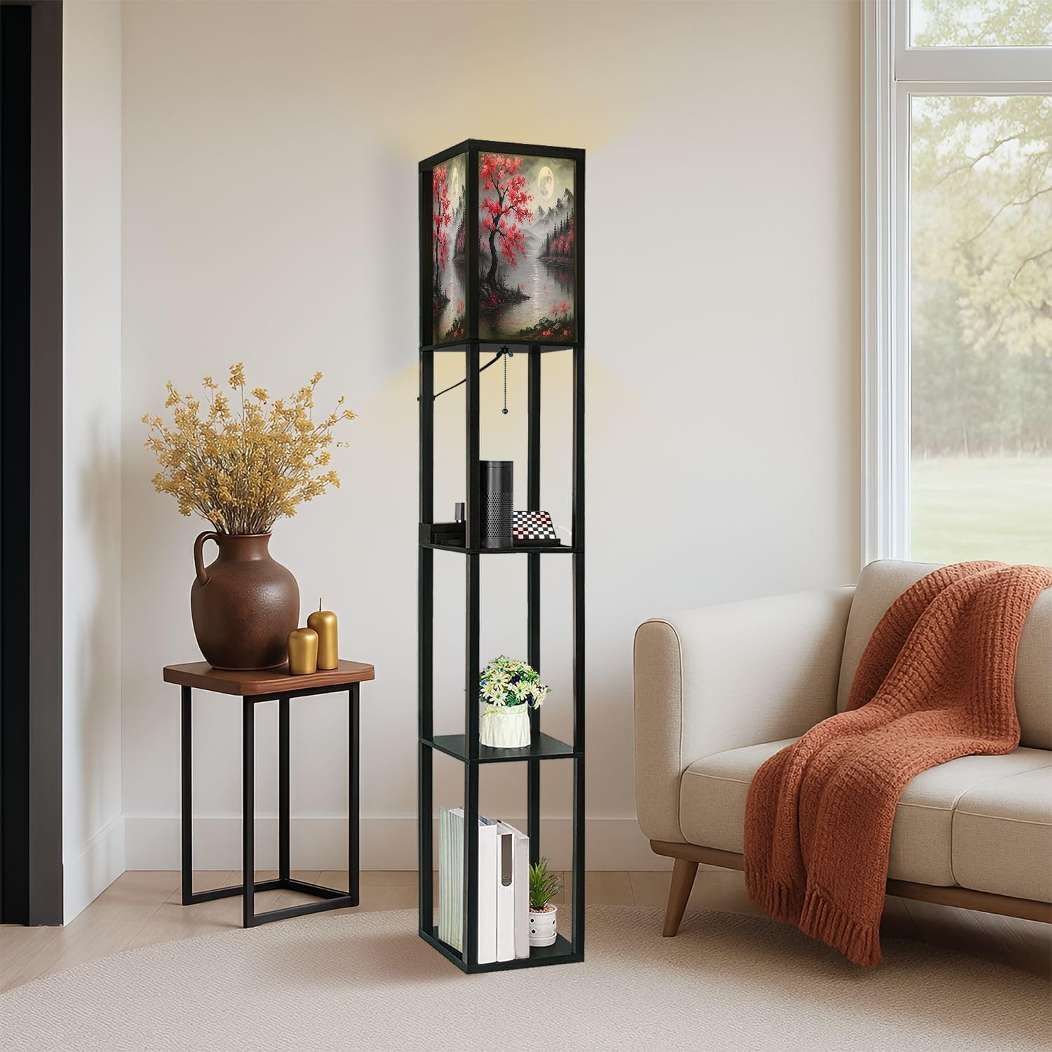 Floor Lamp with Shelves Grey Red Plum Blossom Tree Full Moon Landscape Contemporary Cherry Standing Tall Lamp USB Ports & Power Outlet Modern Corner Lamp Nightstand Light for Living Room Bedroom
