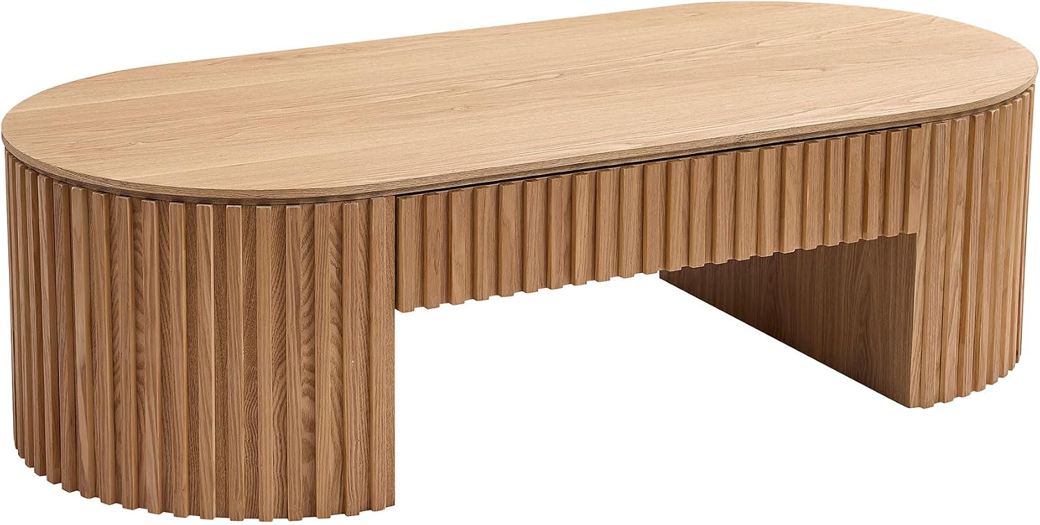 JUSTONE 51.18'' Oval Wood Coffee Table with Drawer, Farmhouse Wood Coffee Table for Living Room,Apartment(Oak)