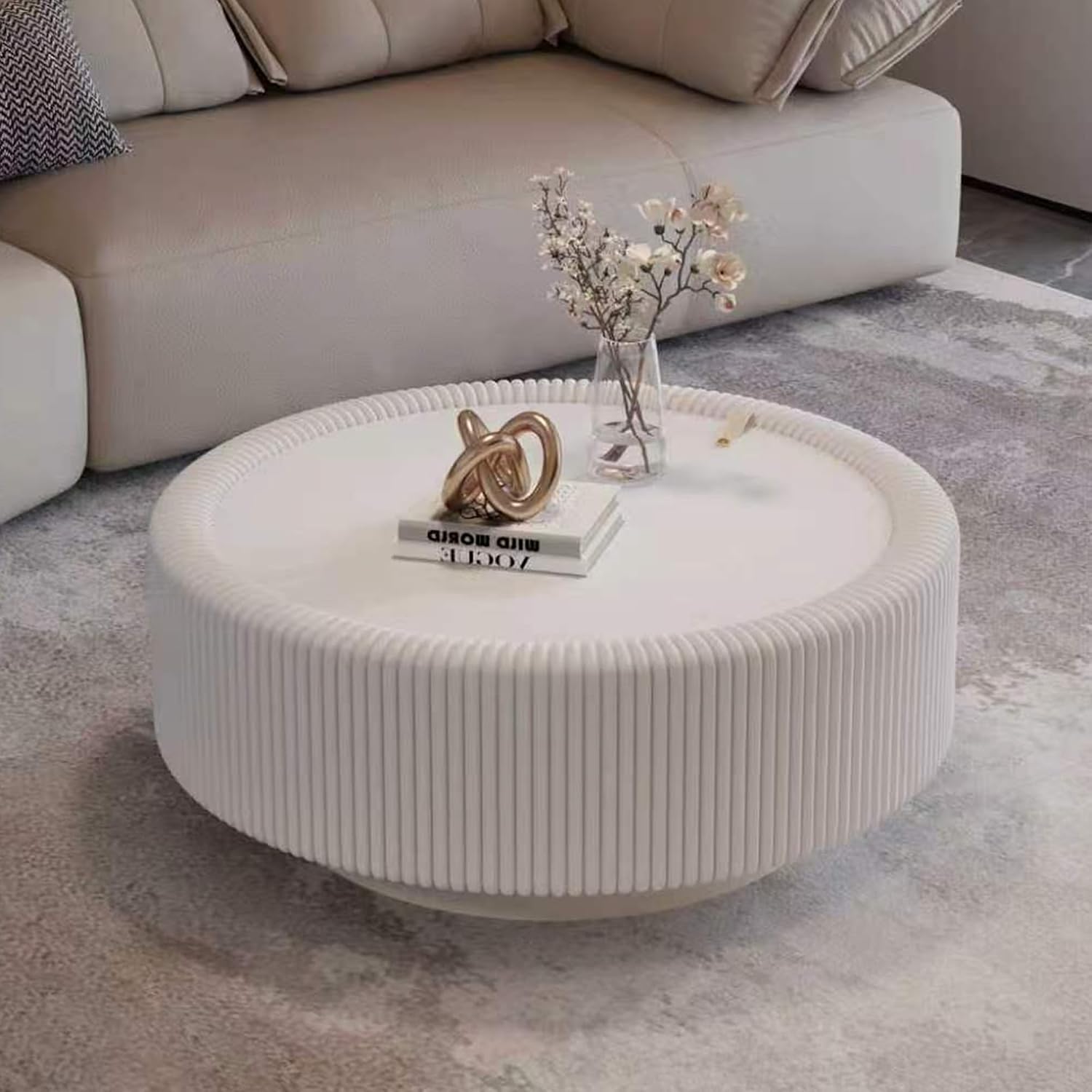 31.5'' Round Coffee Table with Storage, Modern Circle Fluted Drum Pedestal Coffee Table for Living Room, Tempered Glass Moveable Lid & PU Leather Body & Baked Enamel Leg, White