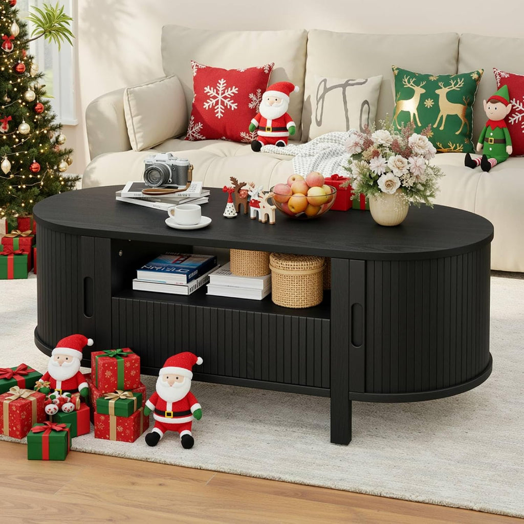 ComfyCorner 47' Oval Coffee Table, Tambour Design Coffee Tables for Living Room, Mid Century Modern Wood Coffee Table, 3-Tier Accent Center Table with Storage, Large Drawer, Black