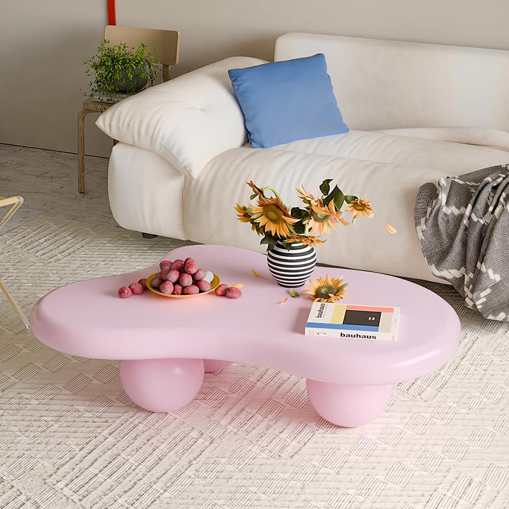 40' Cloud Coffee Table for Living Room Irregular Coffee Table Modern Low Coffee Tables Cute Center Table with 3 Ball Legs for Small Space Apartment Cream Pink