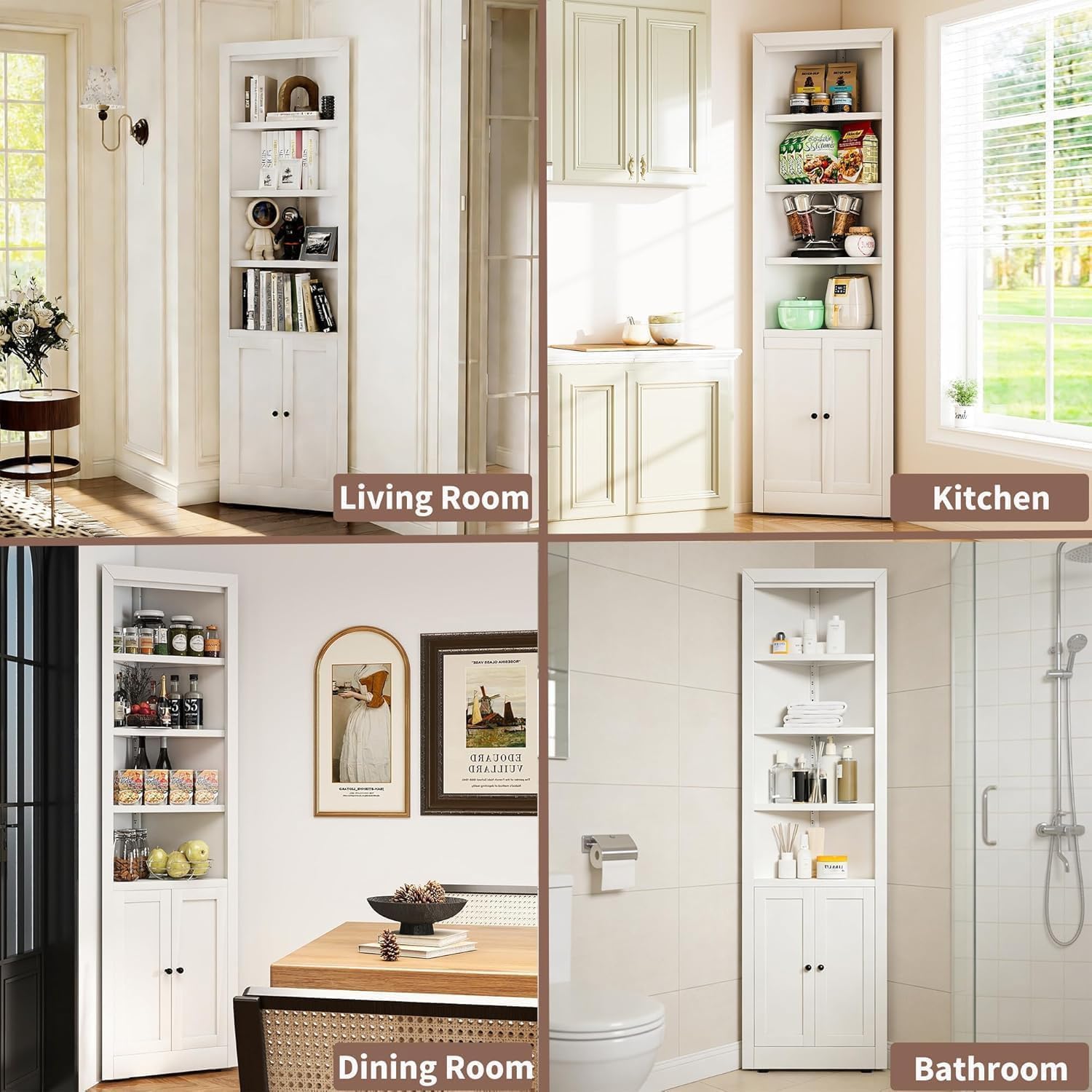 Metal Pantry Storage Cabinet with 4 Adjustable Shelves, 71' Tall Corner Cabinet for Bathroom, Corner Shelf Cabinet for Kitchen, Dining Room, Living Room, Assembly Required(White)