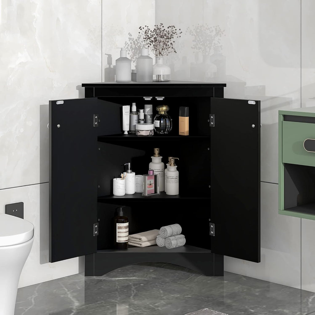 Knocbel 31.5' Height Corner Floor Storage Cabinet with Brushed Nickel Knobs, 2 Doors and Adjustable Shelves, Bathroom Pantry Corridor Free Standing Triangle Organizer Unit (Black)