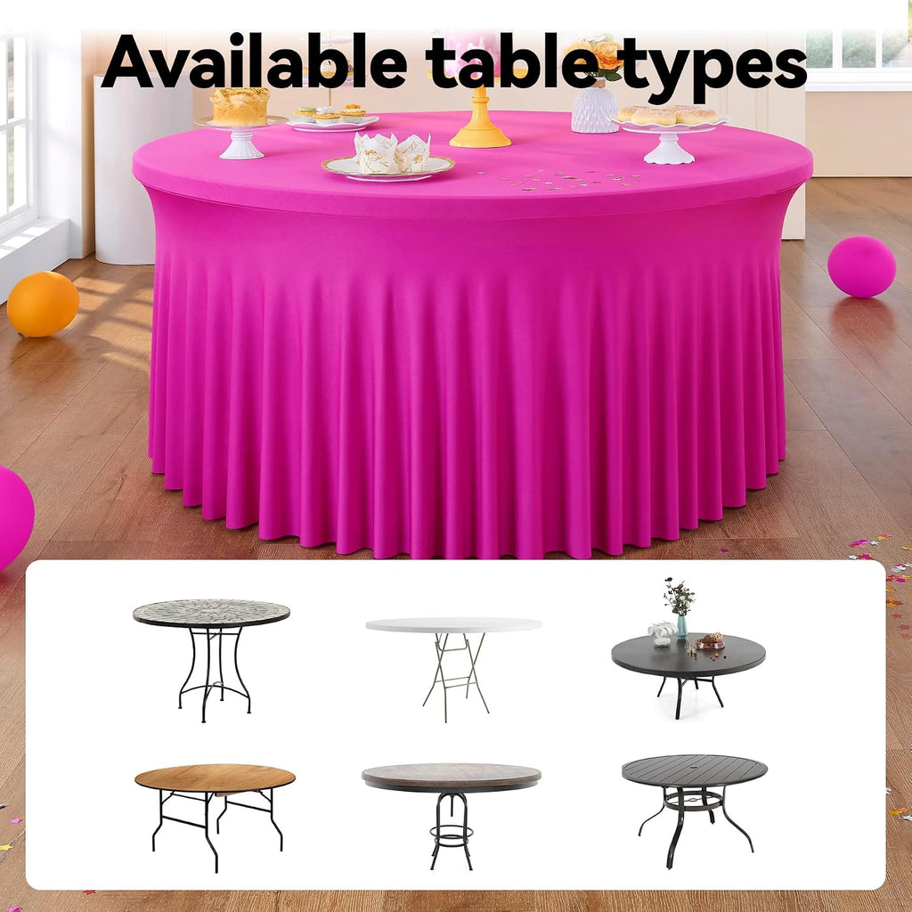 leegleri 6 Pack 72inch Spandex Hot Pink Round Tablecloth, Stretchy 132inch Fitted 6FT Round Table Cloths, Wrinkle Free Table Cover with Skirt for Wedding Birthday Party Bridal Shower Banquet