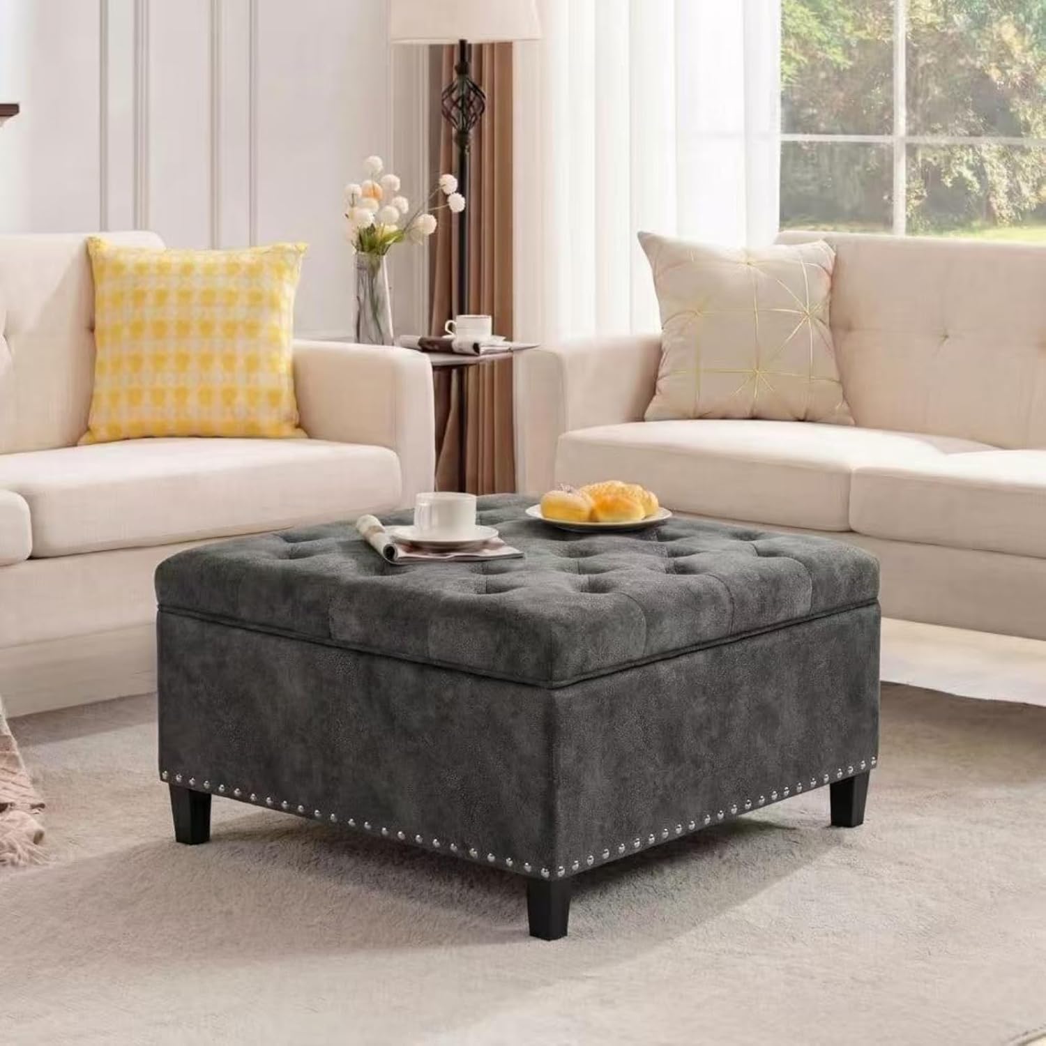 Homebeez Storage Ottoman Bench for Living Room, Tufted Square Coffee Table Footstool Footrest with Wood Legs (Grey)