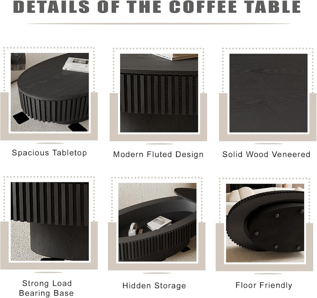 Oval Coffee Table with Storage, Modern Black Coffee Table with Solid Wood Veneered, Fluted Center Table Wood Drum Tea Table for Living Room Apartment, 47.2''L×23.6''W×14.2''H