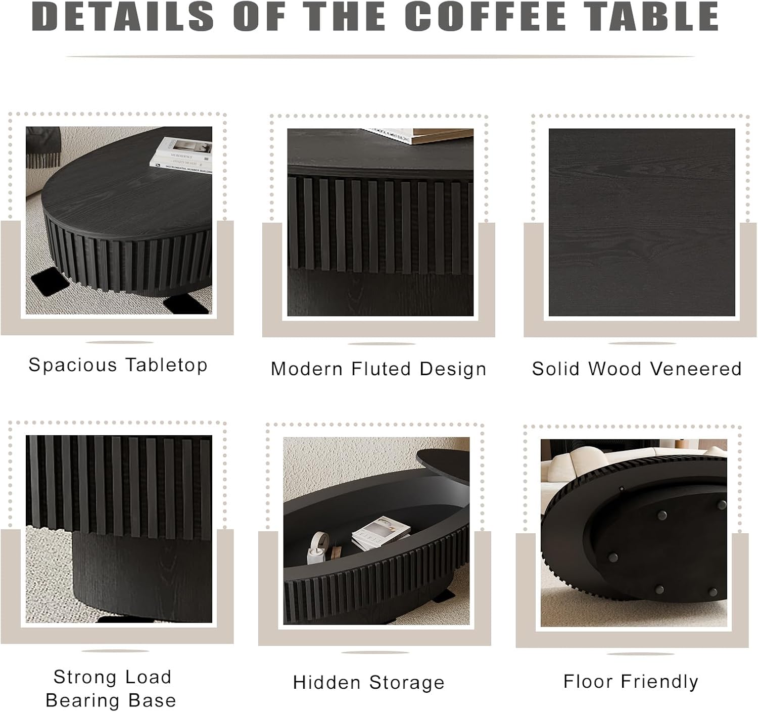 Oval Coffee Table with Storage, Modern Black Coffee Table with Solid Wood Veneered, Fluted Center Table Wood Drum Tea Table for Living Room Apartment, 47.2''L×23.6''W×14.2''H