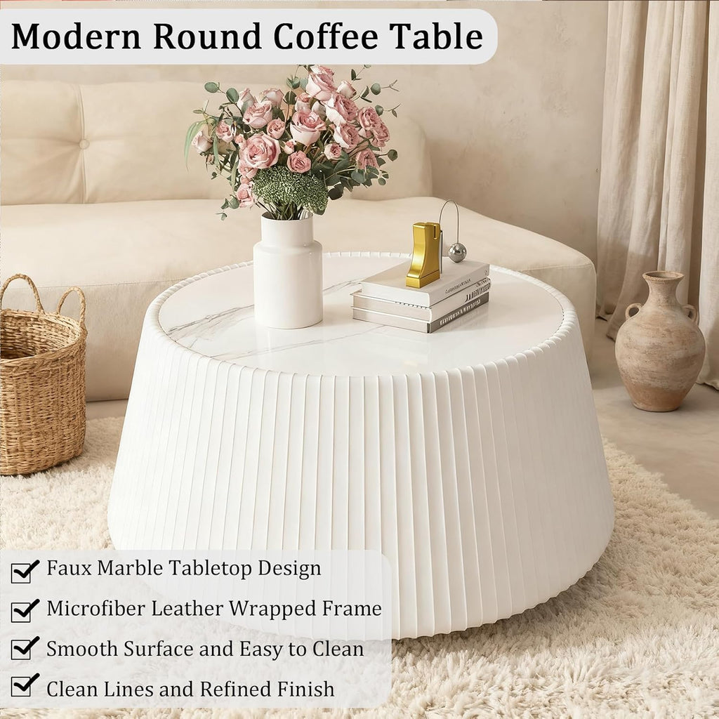 Round Coffee Table Set with Sintered Stone Tabletop, 26.77' White Drum Center Table and 19.68' Black Coffee Table Set, 2 Pieces Living Room Table Set with Fluted PU Leather Cover& Stable Base