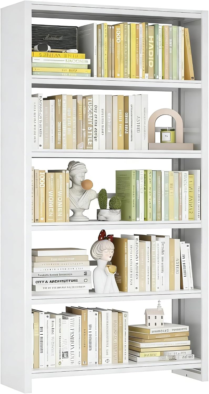 VASAAOSD 5 Tier Book Shelf, 69.3' Tall White Bookshelves, Open Metal Bookshelf, Toolless Assembly White Shelves for Home Office, Living Room, Study