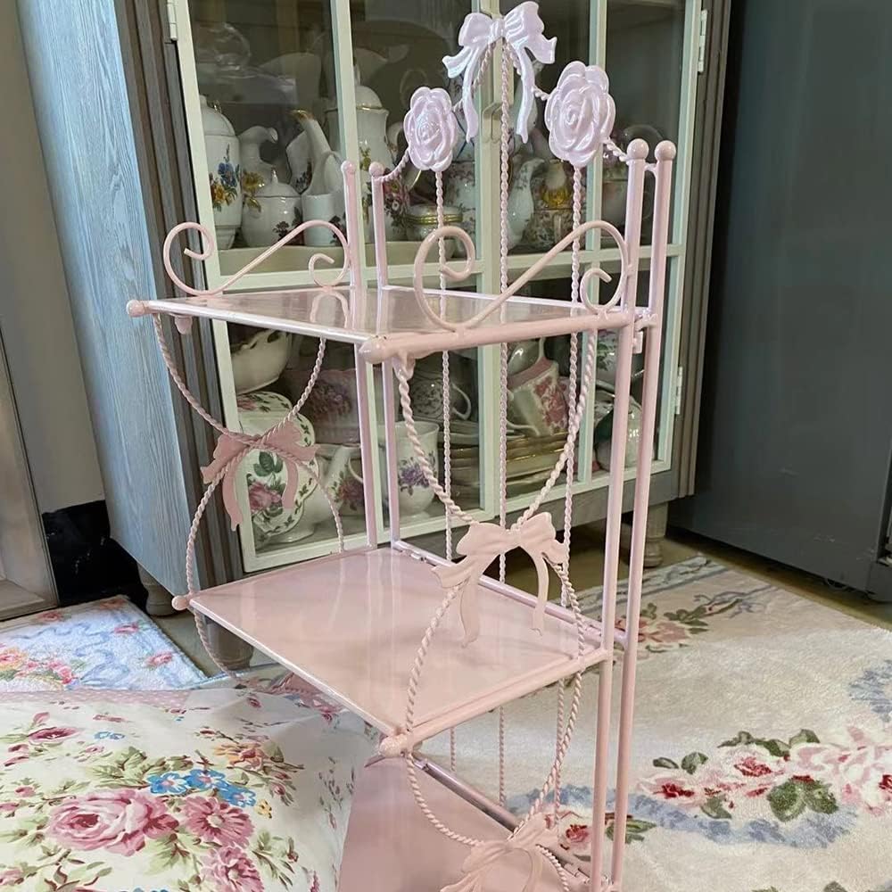 BOOMALTU Cute 3-Tier Folding Metal Shelving Bathroom Shelf,Pink Bookshelf with Bow and Flowers Decor for Storage and Display in Living Room, Bathroom, Office, Kitchen