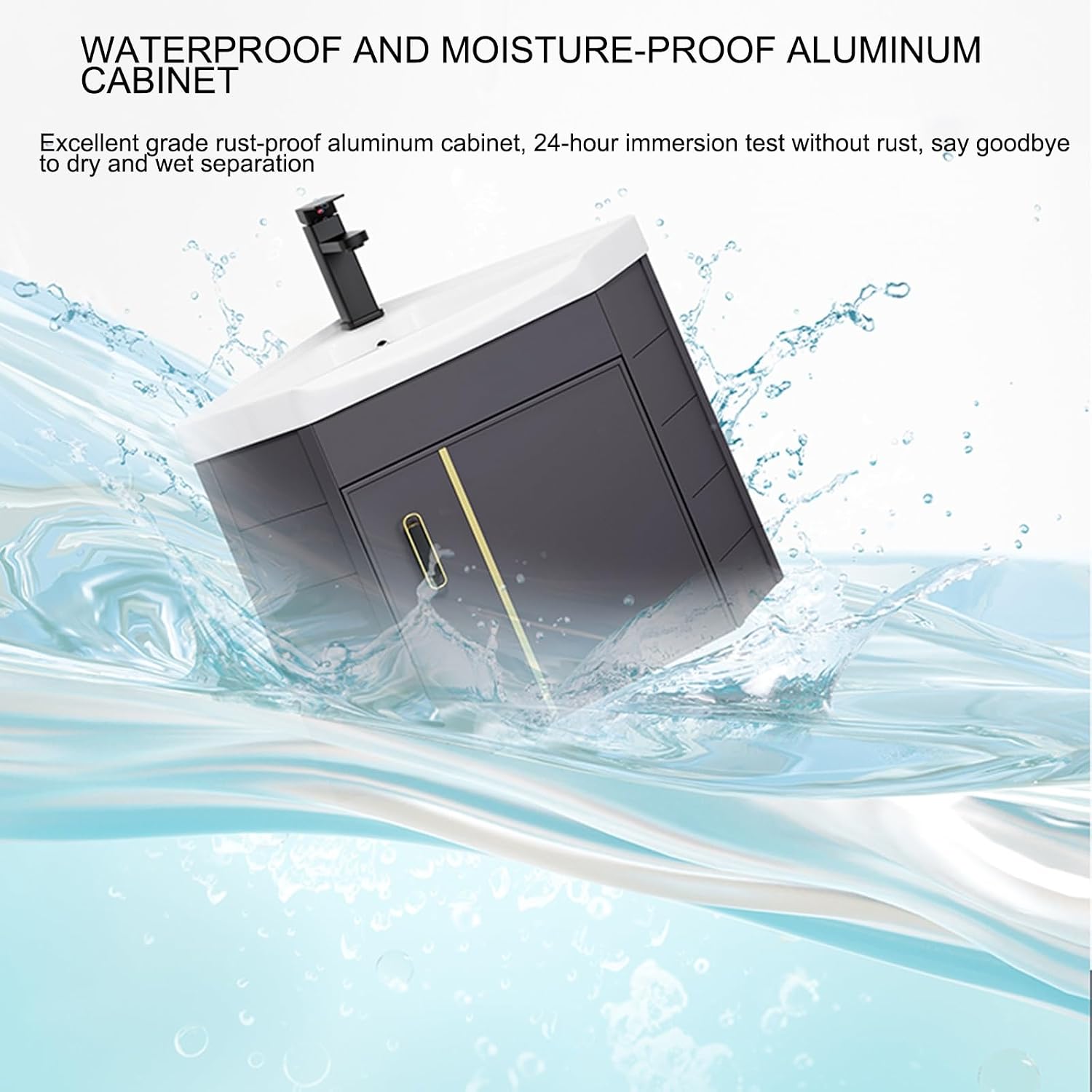 Bathroom Vanity Cabinet,Small Wall Mount Corner Sink,Bathroom Vanity w/Rock Board Top,Bathroom Ceramic Triangle Wall Mounted Mini Vanity Space Sink with Soft-Close System and Black Faucet(Black)