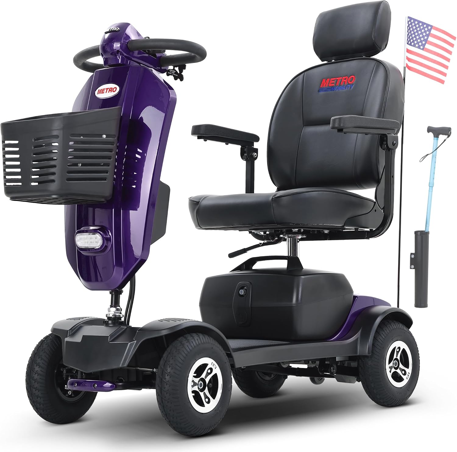 Metro Mobility 4 Wheel Motorized Scooter for Adults - 300 lbs Capacity Powered Mobility Scooters for Seniors, Travel - 9'' Large Pneumatic Tires & Crutch Box - Purple
