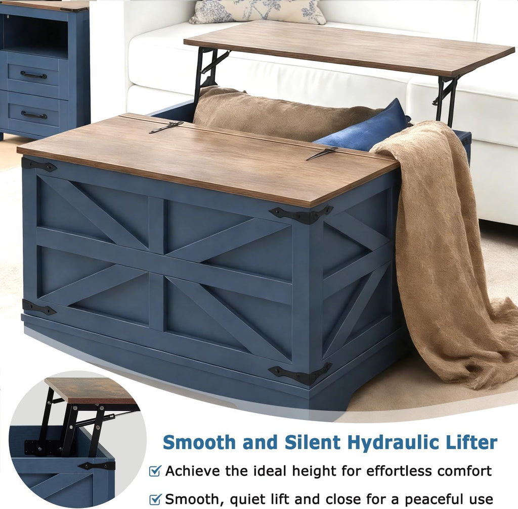 Lift Top Coffee Table, 31.5' Square Coffee Table with Storage, Farmhouse Coffee Tables for Living Room, Cocktail Tables with Large Hidden Compartment, Rustic Blue