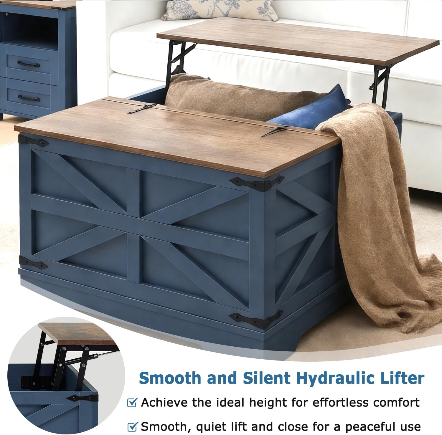 Lift Top Coffee Table, 31.5' Square Coffee Table with Storage, Farmhouse Coffee Tables for Living Room, Cocktail Tables with Large Hidden Compartment, Rustic Blue