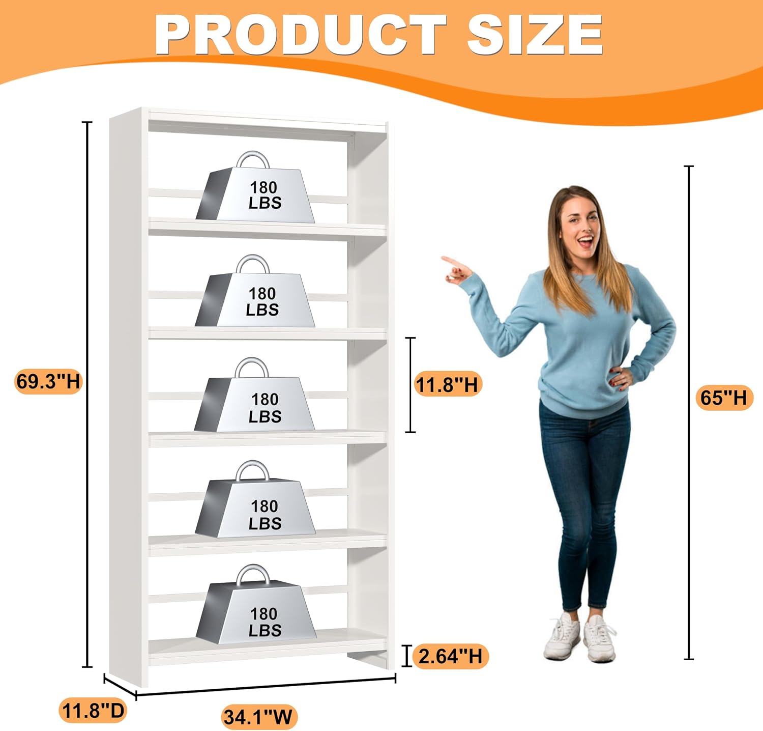 VASAAOSD 5 Tier Book Shelf, 69.3' Tall White Bookshelves, Open Metal Bookshelf, Toolless Assembly White Shelves for Home Office, Living Room, Study