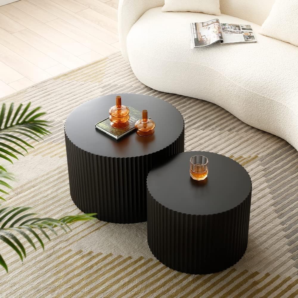 JUSTONE 2-Piece Nesting Coffee Tables Set - Modern Drum End Tables for Small Spaces, Black Round Accent Furniture for Living Room & Apartments (15.75' H)