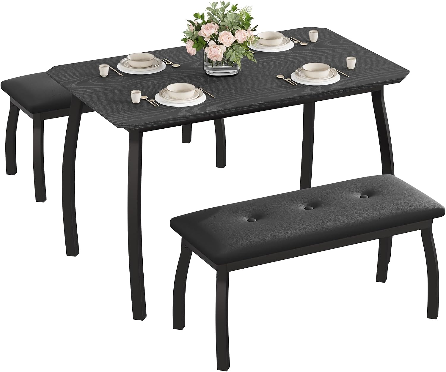 Dining Table for 4, 3-Piece Kitchen Table Set for 4 with Wooden Tabletop and Metal Frame, Industrial Kitchen Table with 2 PU Leather Benches for Bar, Dining Room, Restaurant(43''x28''x30''), Black