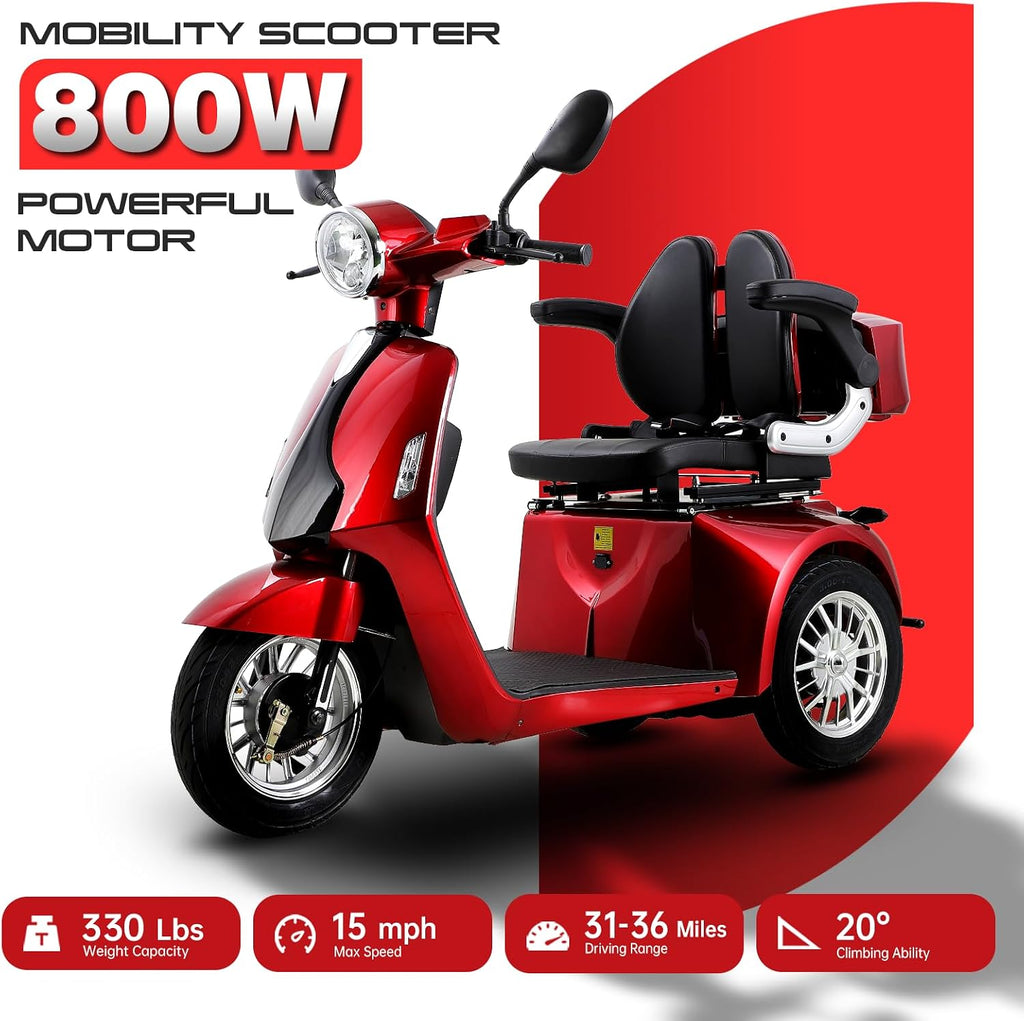 Heavy Duty Mobility Scooters for Seniors & Adults, Electric 3 Wheel Scooter for All Terrain, 800W Powered Disability Scooters for Outdoor Travel with Full Set Lights (Red)
