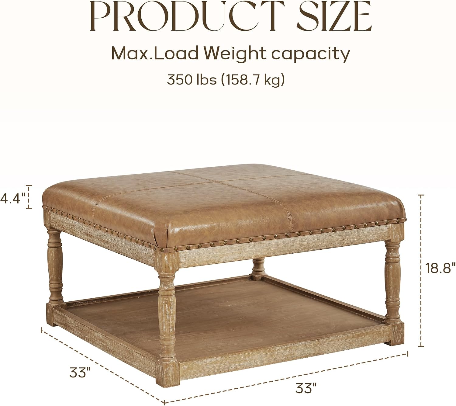 HUIMO 33-Inch Leather Ottoman Coffee Table, Large Ottoman with Shelf & Solid Wood Frame for Living Room (Light Brown)