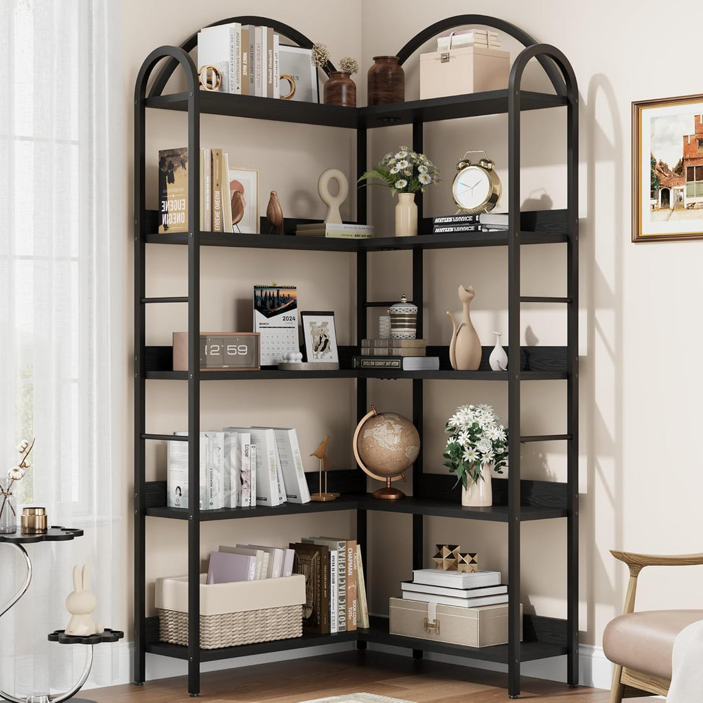 TrailBlaze 68' Tall Corner Bookshelf, 5-Tier Arched Bookshelf Bookcase with Open Shelves, Freestanding Display Shelf L Shaped Wood Corner Bookcase for Home Office, Bedroom, Living Room, Black