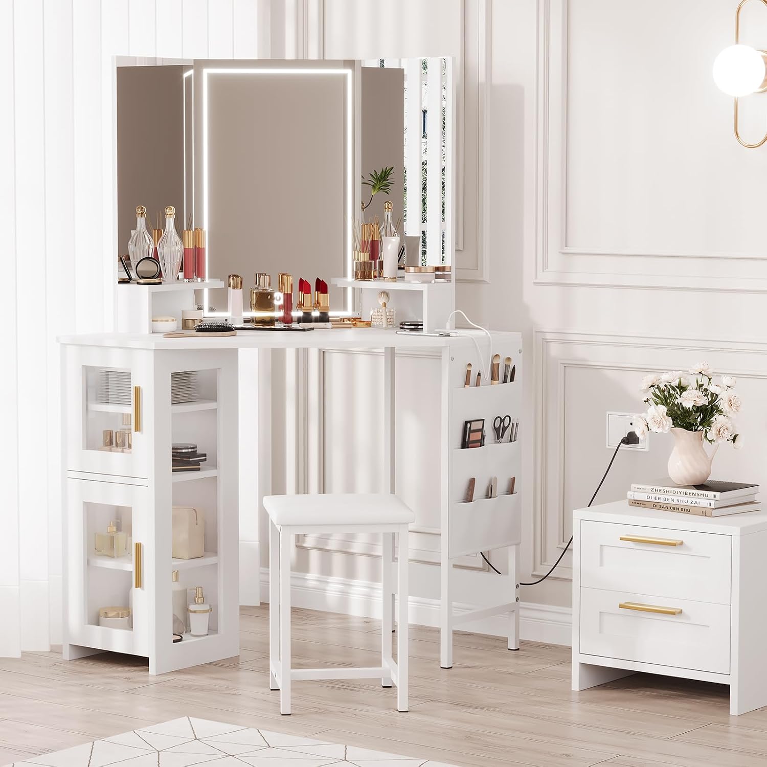 IDEALHOUSE Vanity Desk with Mirror and Lights, 3-Fold Vanity Mirror with Lights Makeup Vanity with Charging Station, Corner Vanity with Acrylic Door Cabinet, Hanging Storage Bag & Stool, White