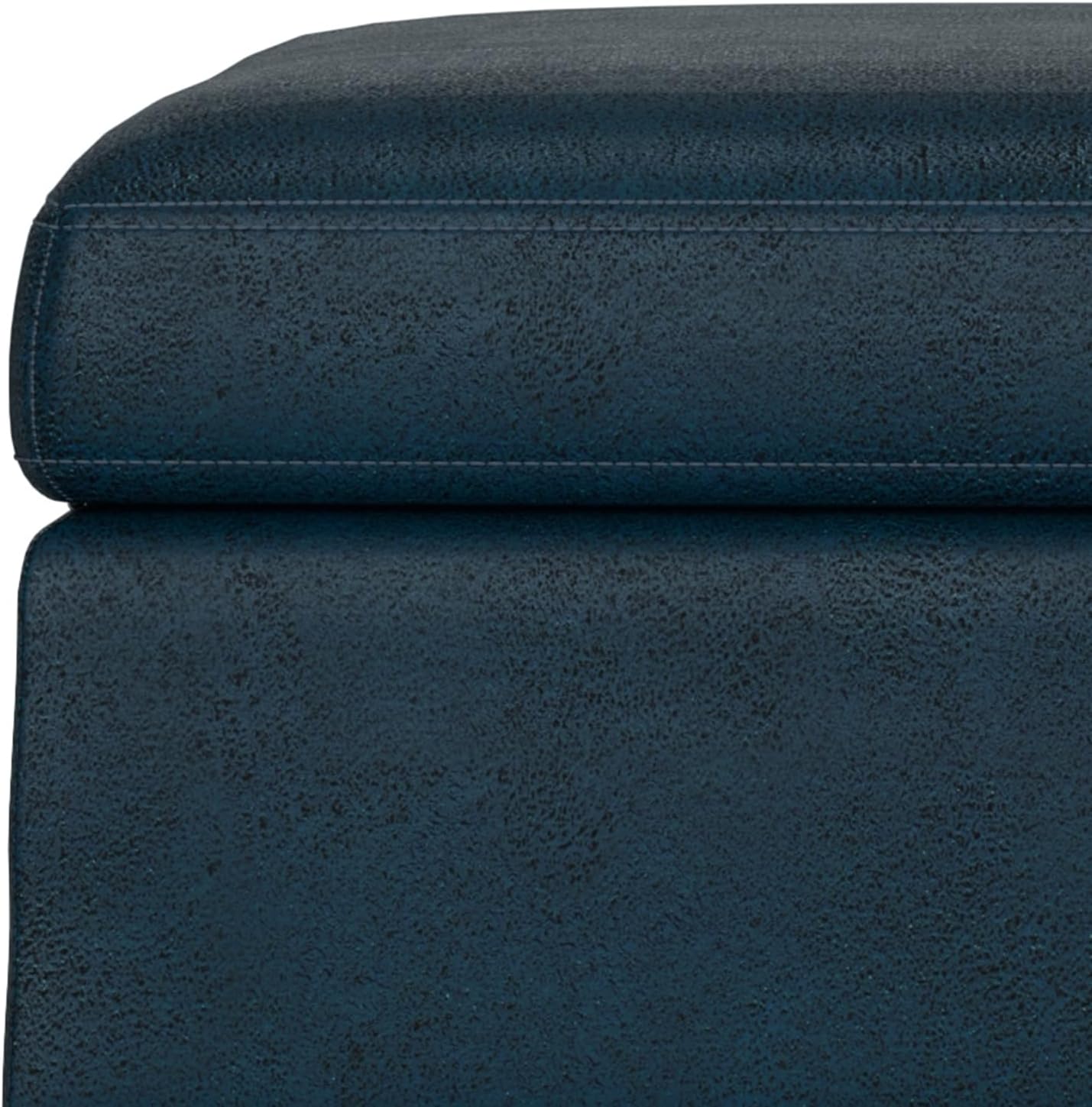 SIMPLIHOME Owen Square Coffee Table Storage Ottoman - 36 inch Wide Upholstered Vegan Leather Lift-Top Ottoman in Distressed Dark Blue, Mid-Century Modern Ottoman for Living Room with Tufted Detail
