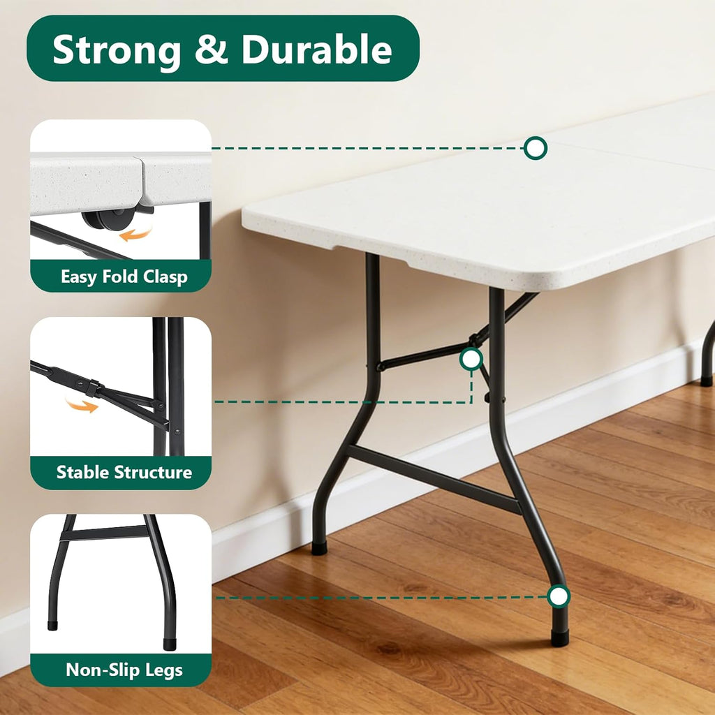 6FT Folding Table, Heavy Duty Plastic Fold-in-Half Utility Table with Handle, Portable Camping Picnic Table with Steel Legs for Indoor Outdoor Party, Dining, White,2 Pack