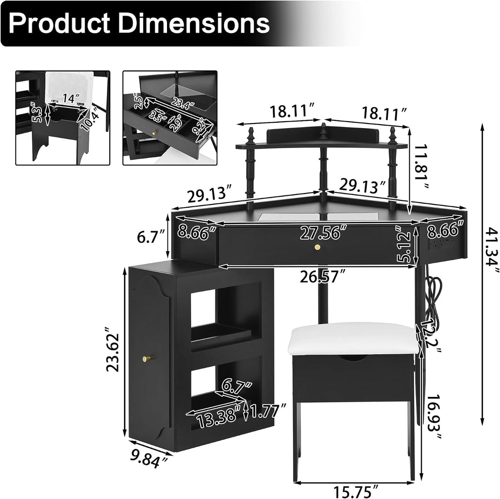 Corner Vanity Desk, Modern Makeup Vanity with 1 Drawers & Storage Stool Bedroom, with Adjustable Cabinet Open Shelves Drawer for Women (Black-1)