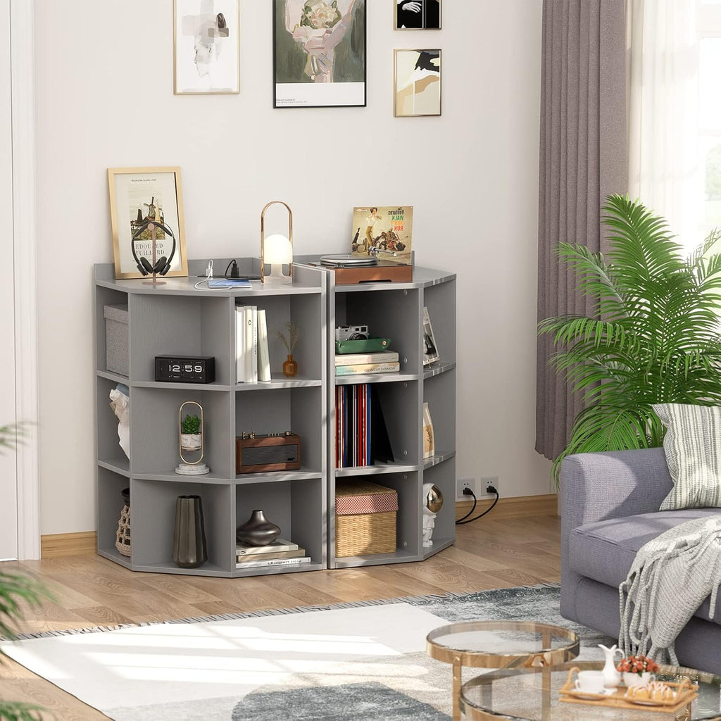 Aheaplus Corner Cabinet, Corner Storage with USB Ports and Outlets, Corners Cube Toy Storage for Small Space, Wooden Corners Cubby Bookshelf with 9 Cubes for Playroom, Bedroom, Living Room, Grey