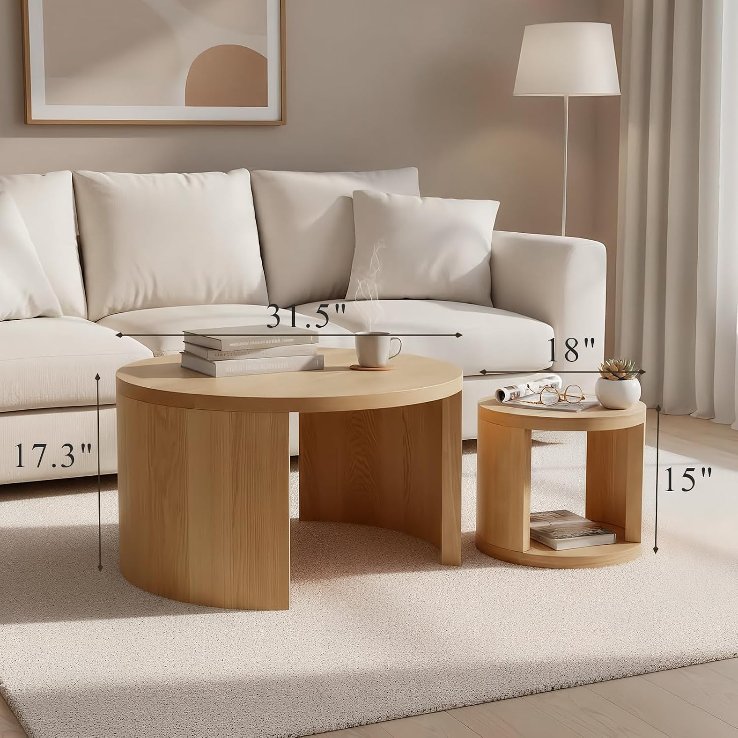 Round Coffee Table Set of 2, Nesting Coffee Tables with Storage, Living Room Table Set, Modern Wood Center Table for Living Room, Apartment, 31.5' & 18' Accent Table Set, Natural