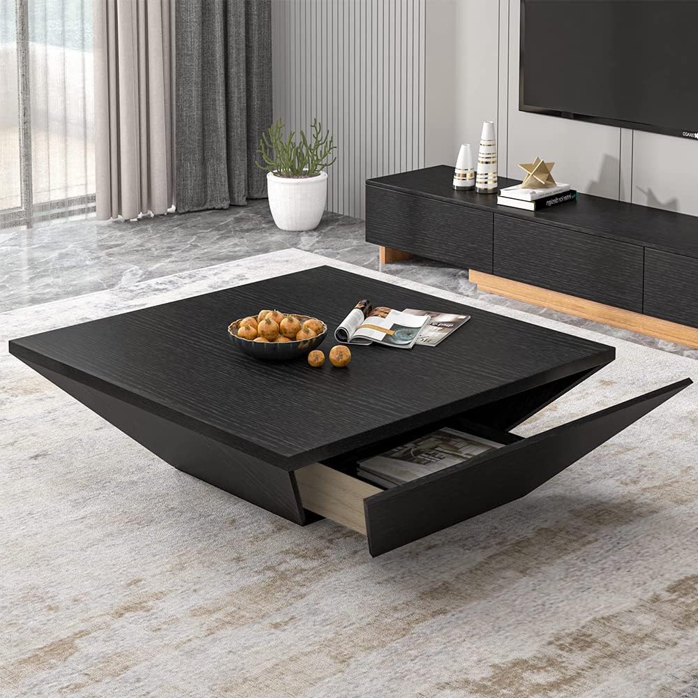 POVISON Modern Coffee Tables for Living Room, Square Coffee Table with Storage, Wood Coffee Table with Drawers, 39.4' Black Trapezoidal Living Room Tables for Home Office, Fully Assembled