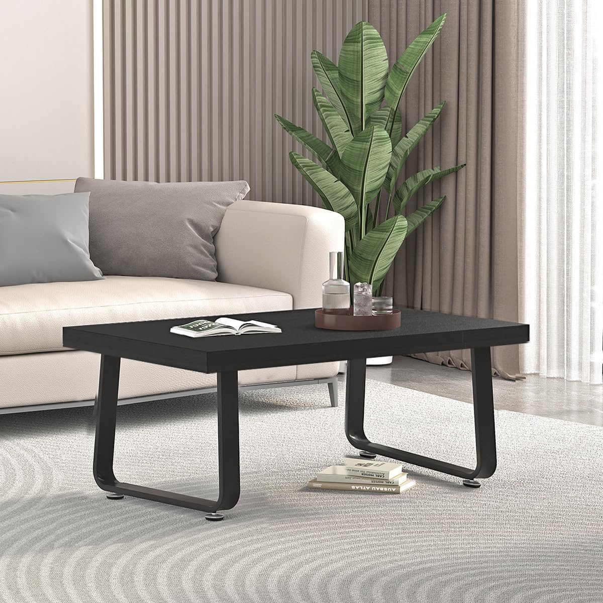 HSH Black Modern Coffee Table, Rustic Wood and Metal Center Table, Farmhouse Simple Living Room Coffee Tables, Industrial Minimalist Wooden Tea Coffee Table for Bedroom Home Office, Black Oak, 39 in
