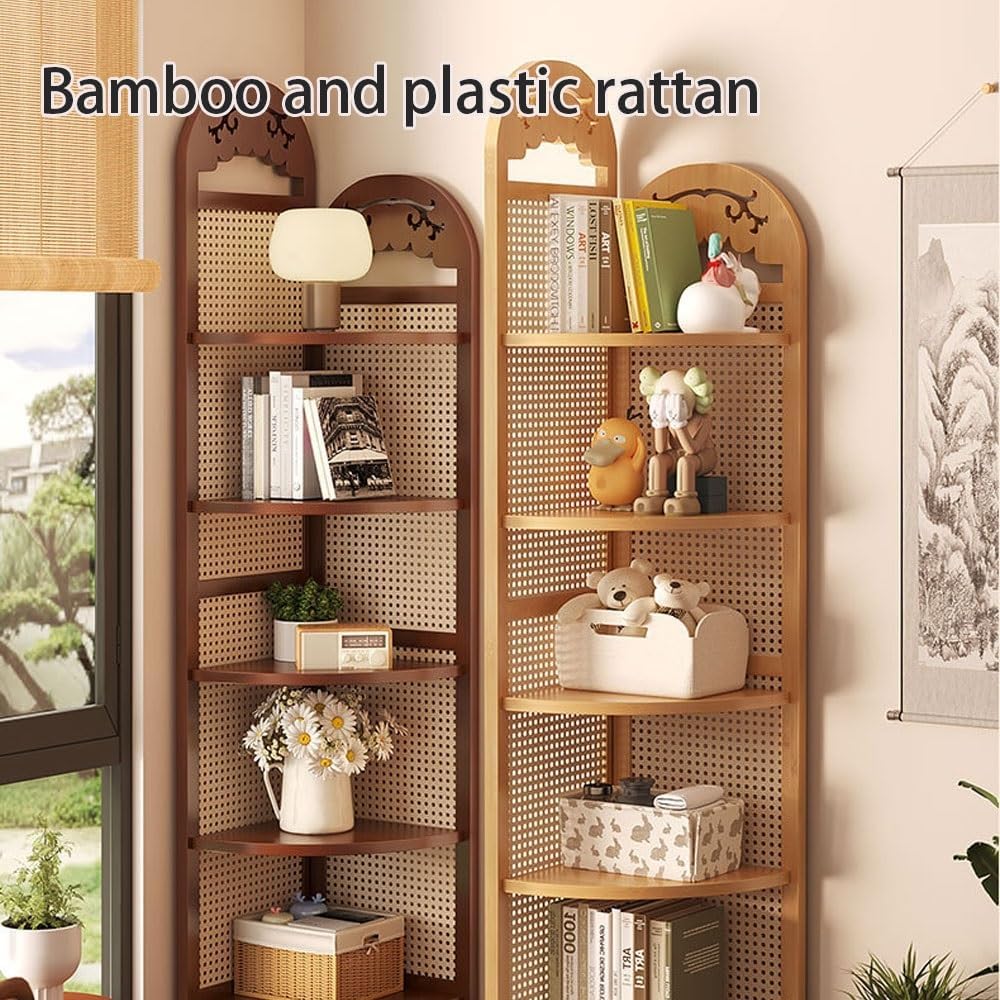 5 Tier Rattan Corner Shelf, Standing Shelf Organizer, Freestanding Corner Bookshelf, Bamboo Plant Stand, Balcony Decorations for Apartment, Wall Corner, Living Room, Bedroom(Natural)