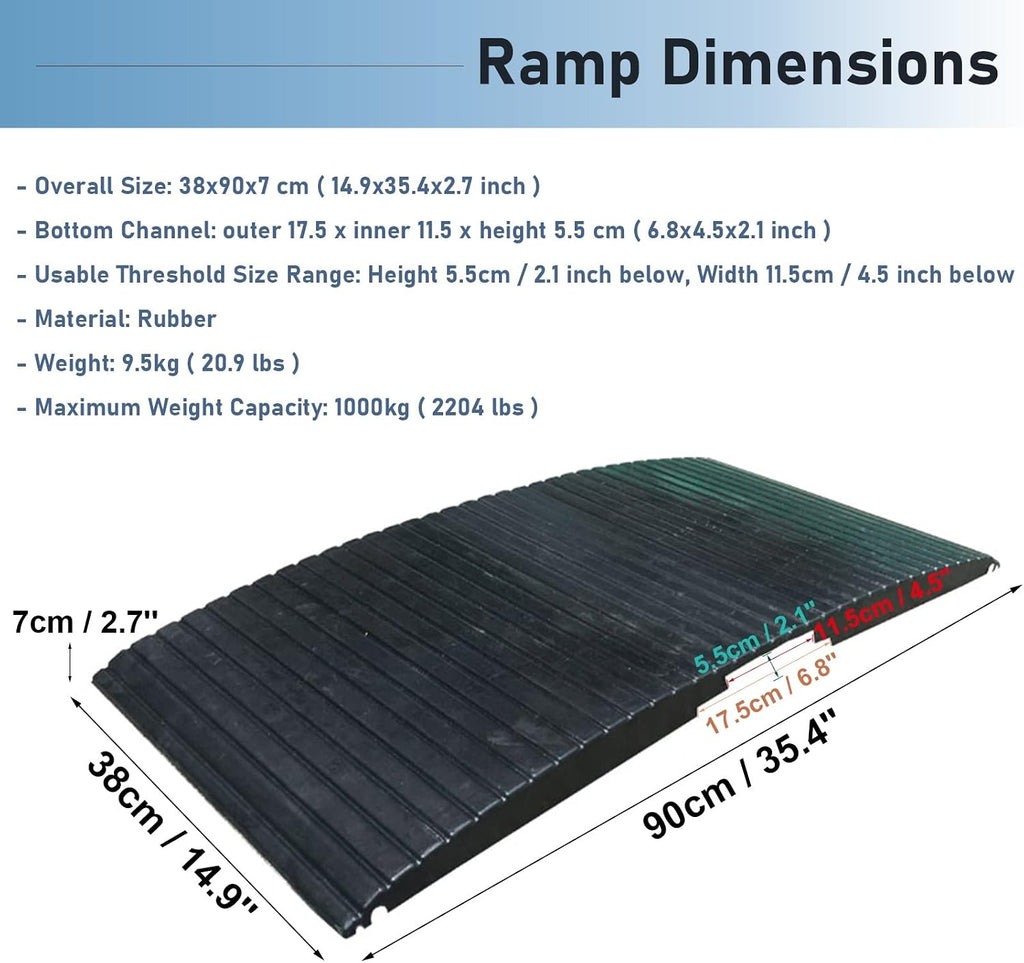 JYDQM Portable Driveway Ramp Non-Skid Rubber Threshold Wheelchairs Ramp, 1in / 2.1in High Channel, Entry Access Slope for Scooter Disability Chair(Size:38x90x7cm), YWCG2003647