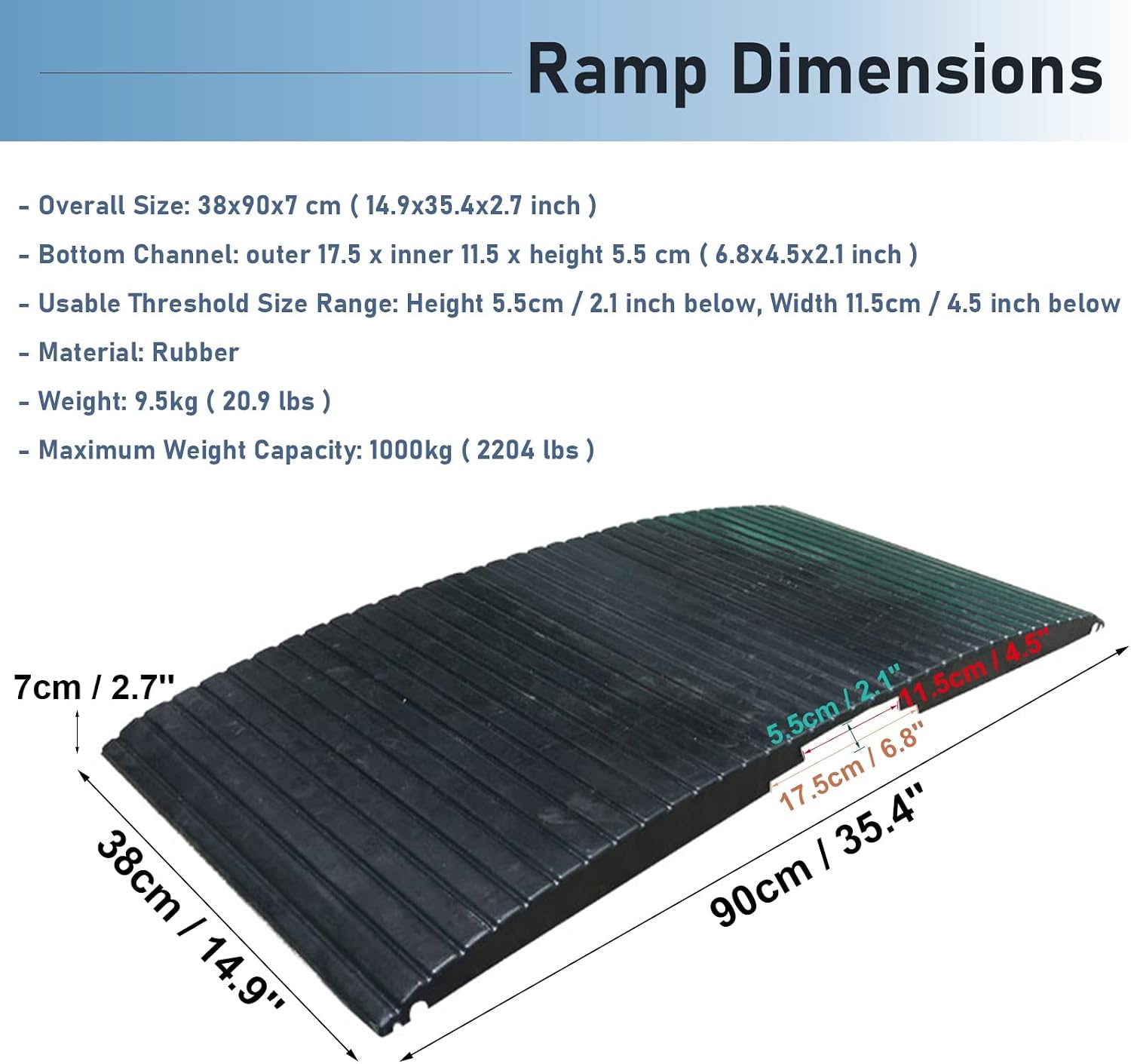 JYDQM Portable Driveway Ramp Non-Skid Rubber Threshold Wheelchairs Ramp, 1in / 2.1in High Channel, Entry Access Slope for Scooter Disability Chair(Size:38x90x7cm), YWCG2003647